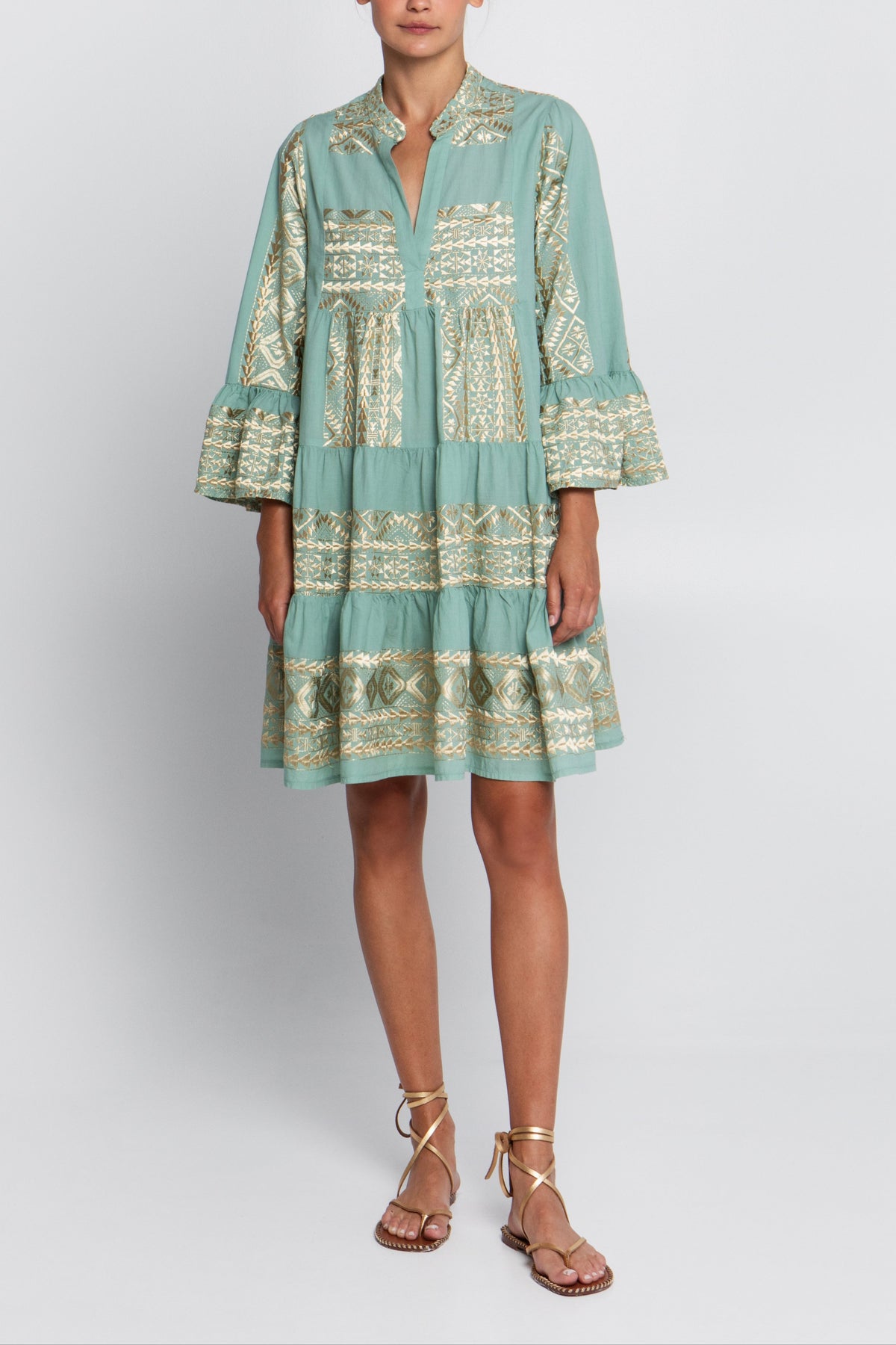 SHORT TUNIC DRESS "EMBROIDERED" SEA/GOLD