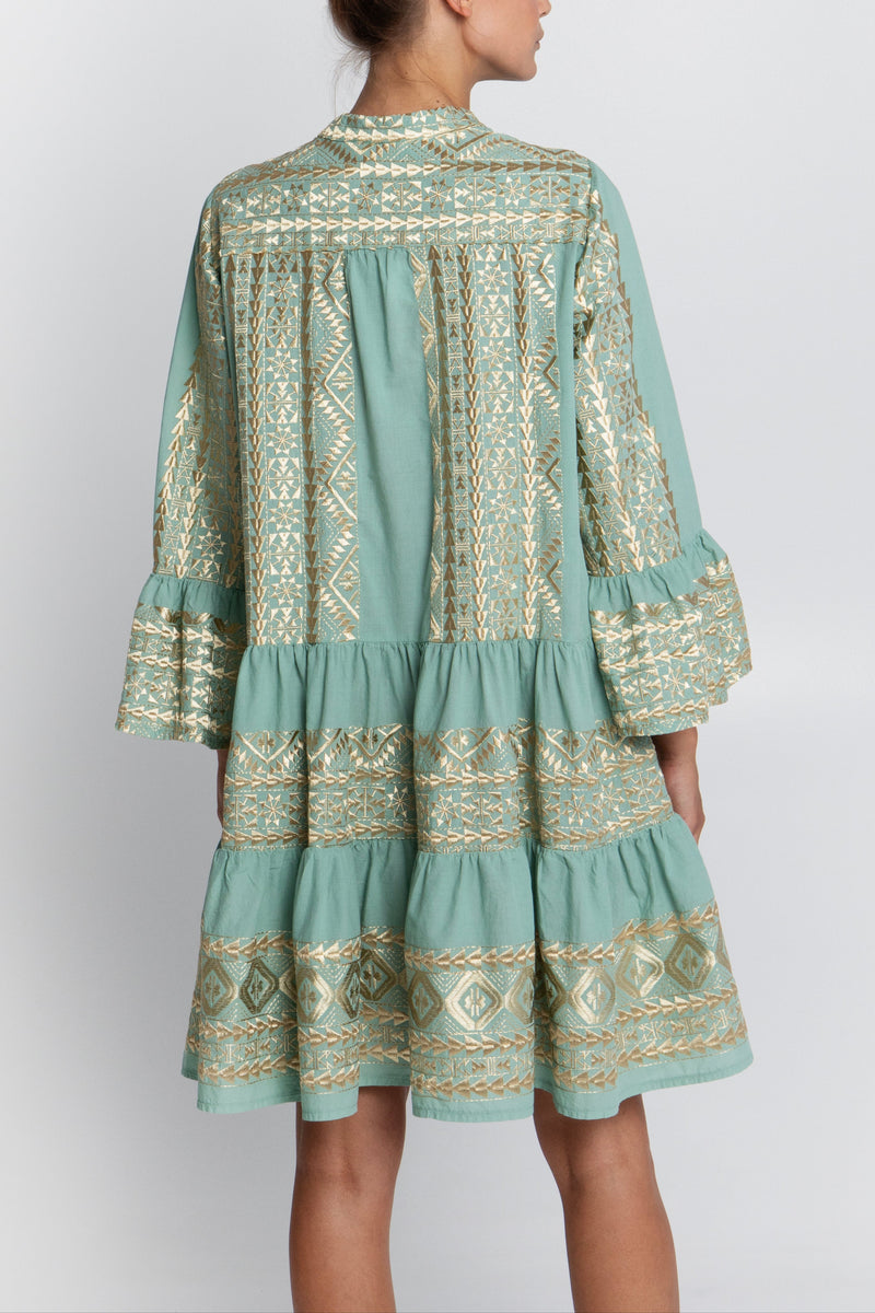 SHORT TUNIC DRESS "EMBROIDERED" SEA/GOLD