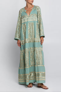 LONG DRESS "EMBROIDERED" SEA/GOLD