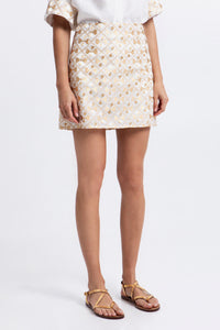 MINI RAMIE SKIRT "FLAKES" WHITE/GOLD/CHAMPAGNE