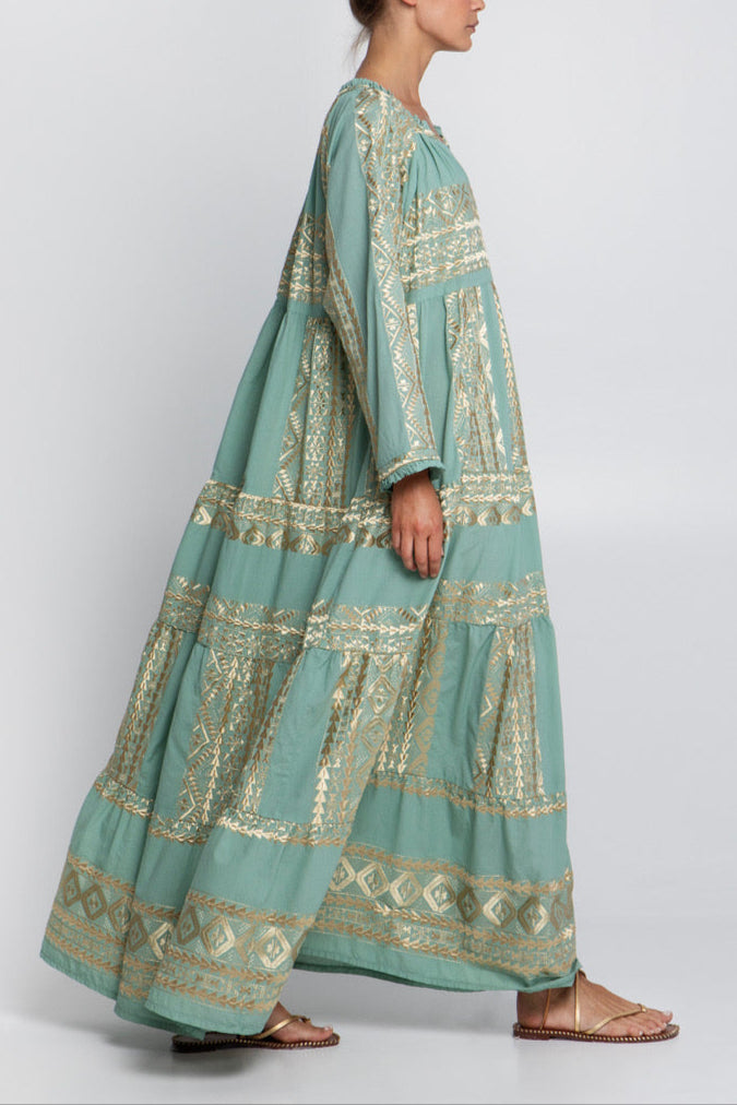 LONG DRESS "EMBROIDERED" SEA/GOLD