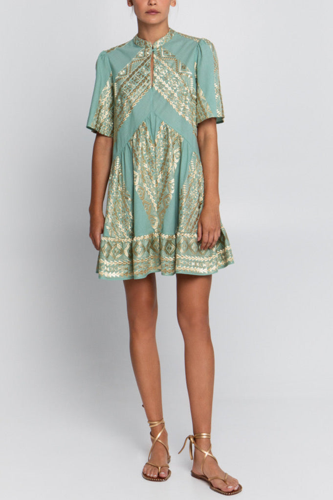 SHORT OVERSIZED DRESS "EMBROIDERED" SEA GREEN/GOLD