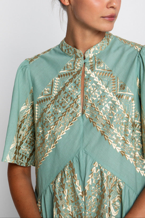 SHORT OVERSIZED DRESS "EMBROIDERED" SEA GREEN/GOLD