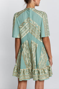 SHORT OVERSIZED DRESS "EMBROIDERED" SEA GREEN/GOLD