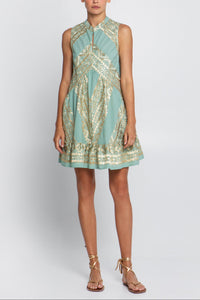 SHORT SLEEVELESS DRESS "EMBROIDERED" SEA/GOLD