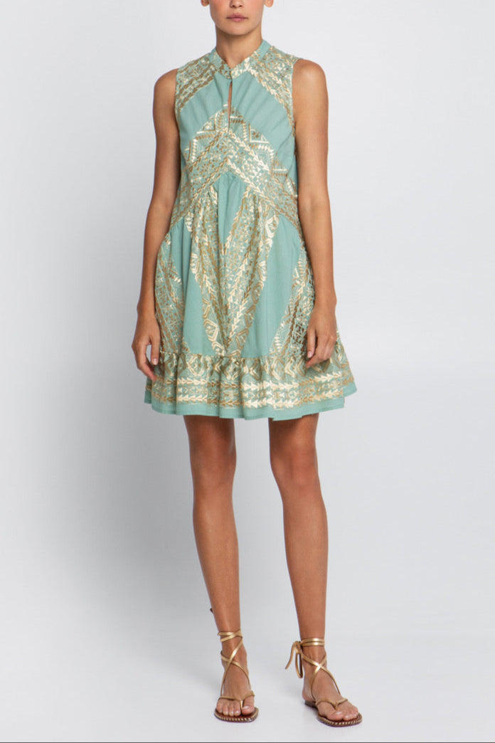 SHORT SLEEVELESS DRESS "EMBROIDERED" SEA/GOLD