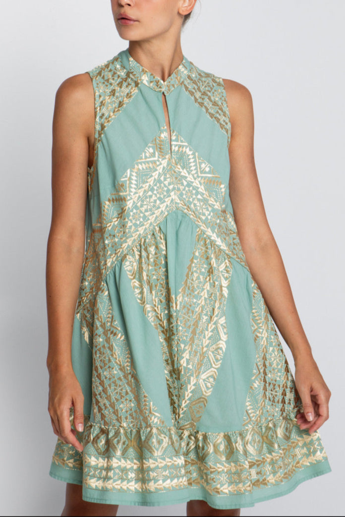 SHORT SLEEVELESS DRESS "EMBROIDERED" SEA/GOLD