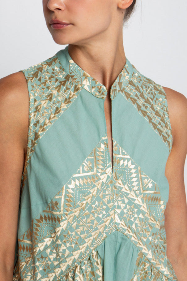 SHORT SLEEVELESS DRESS "EMBROIDERED" SEA/GOLD