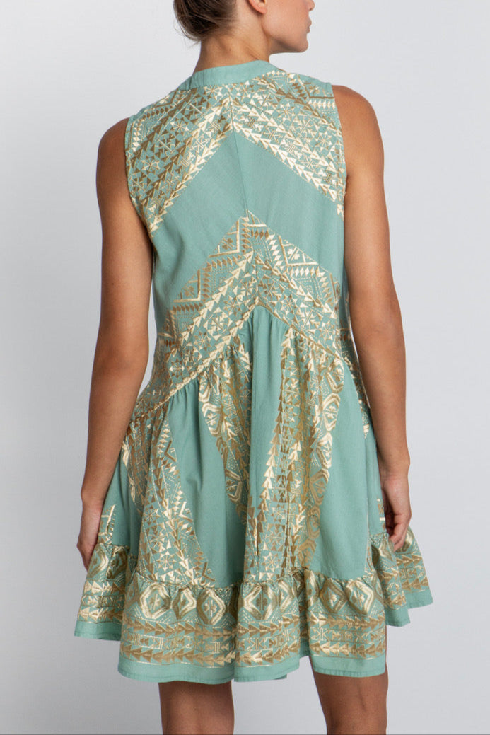 SHORT SLEEVELESS DRESS "EMBROIDERED" SEA/GOLD