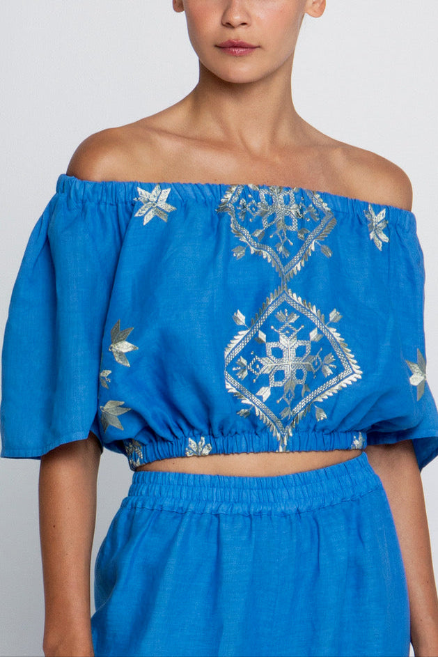 OFF SHOULDER CROP TOP "LEFKADA" BLUE RAF/GOLD