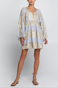 OVERSIZED SHORT COTTON DRESS "EMBROIDERED" LIGHT GREY/GOLD