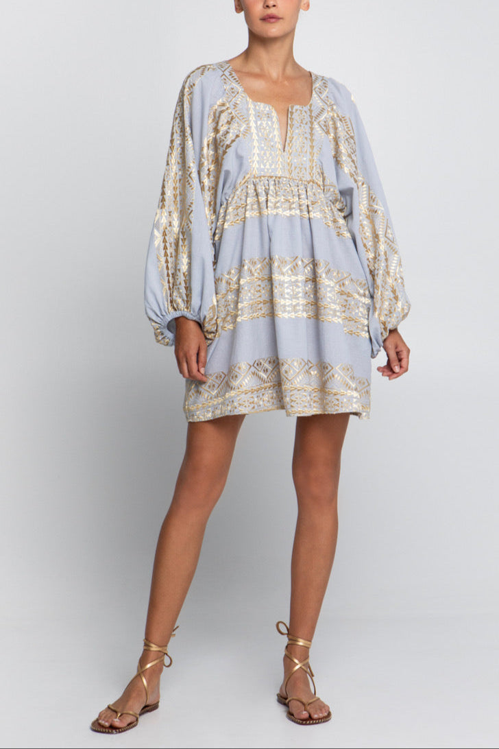 OVERSIZED SHORT COTTON DRESS "EMBROIDERED" LIGHT GREY/GOLD