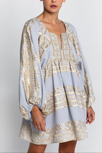 OVERSIZED SHORT COTTON DRESS "EMBROIDERED" LIGHT GREY/GOLD