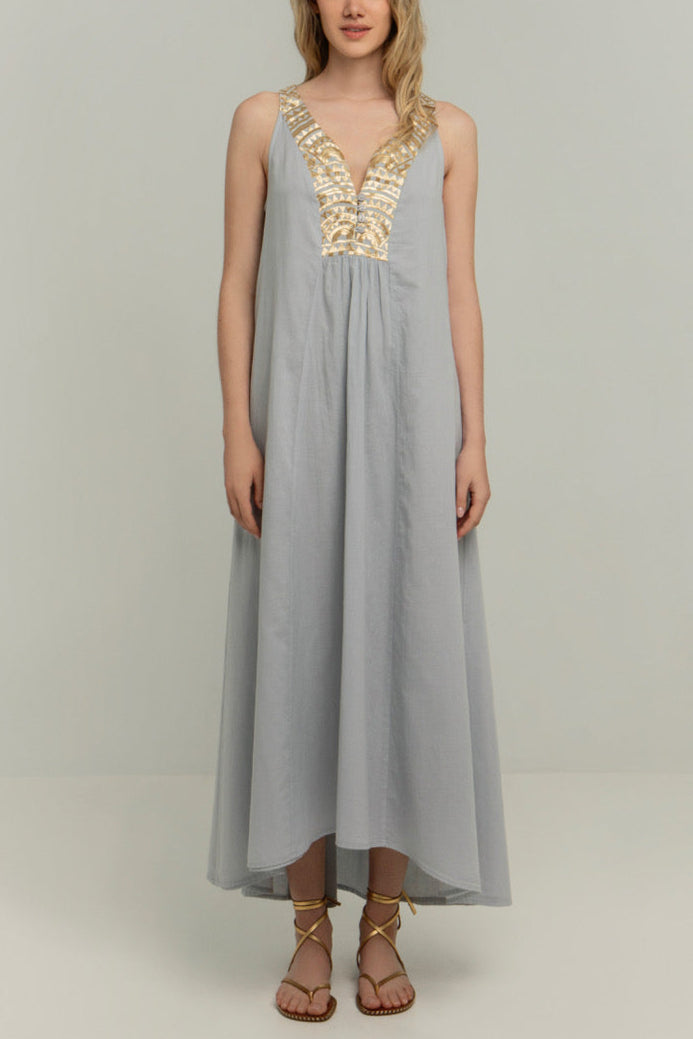 LONG SLEEVELESS COTTON DRESS "TRIANGLE" LIGHT GREY/CHAMPAGNE