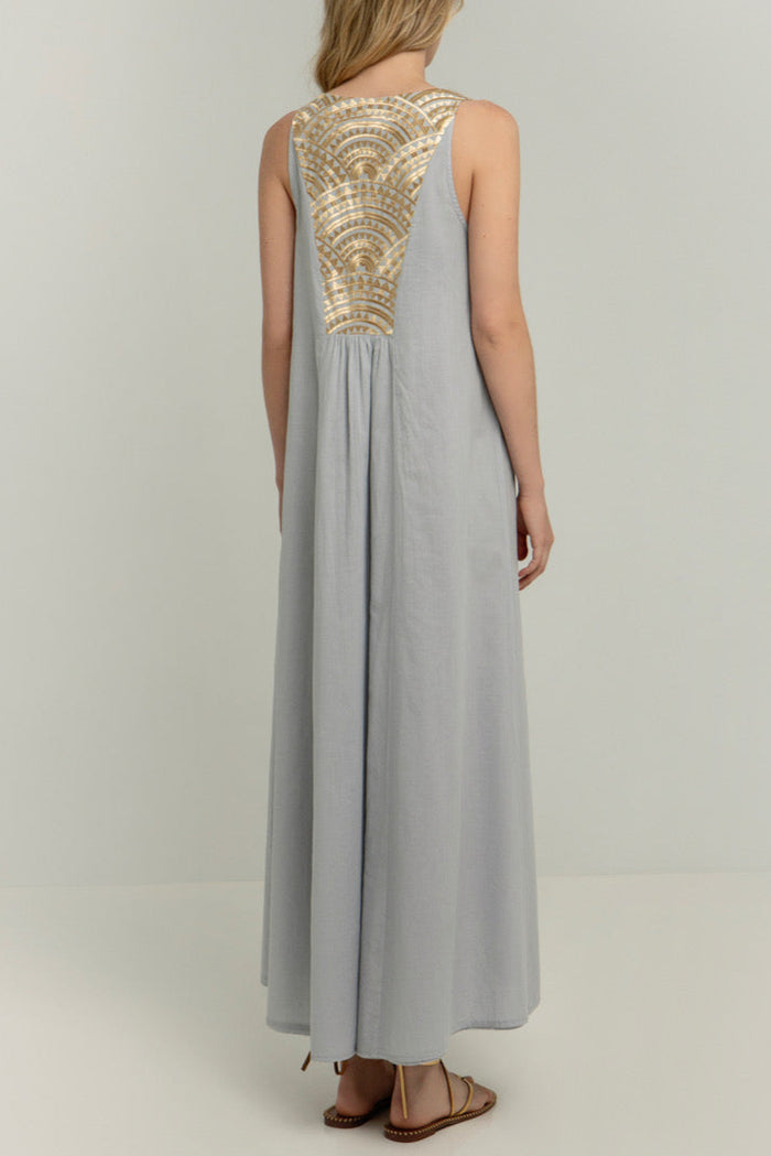 LONG SLEEVELESS COTTON DRESS "TRIANGLE" LIGHT GREY/CHAMPAGNE