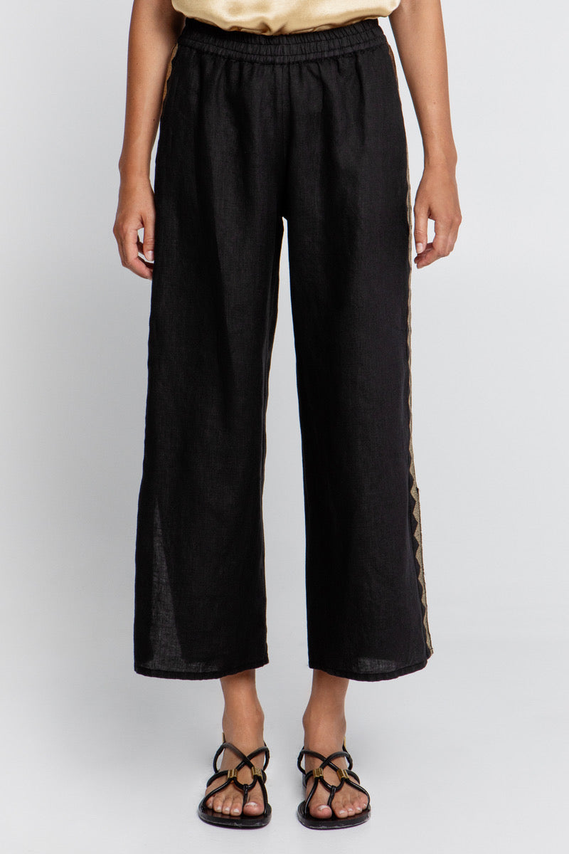 LINEN DRAWSTRING PANTS "FEATHER" BLACK/GOLD