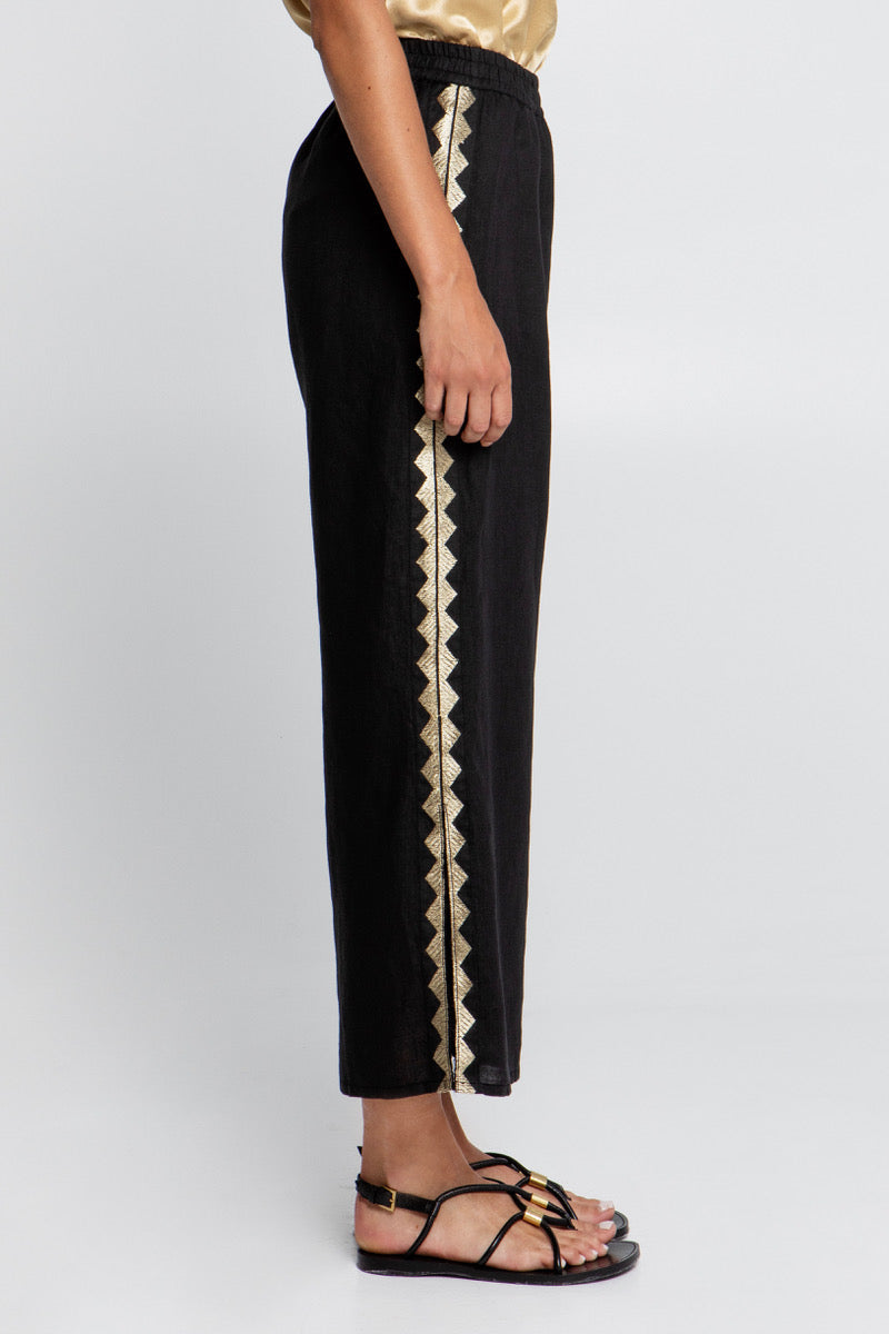 LINEN DRAWSTRING PANTS "FEATHER" BLACK/GOLD