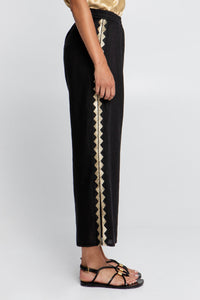 LINEN DRAWSTRING PANTS "FEATHER" BLACK/GOLD