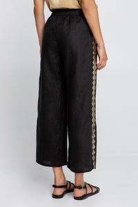 LINEN DRAWSTRING PANTS "FEATHER" BLACK/GOLD