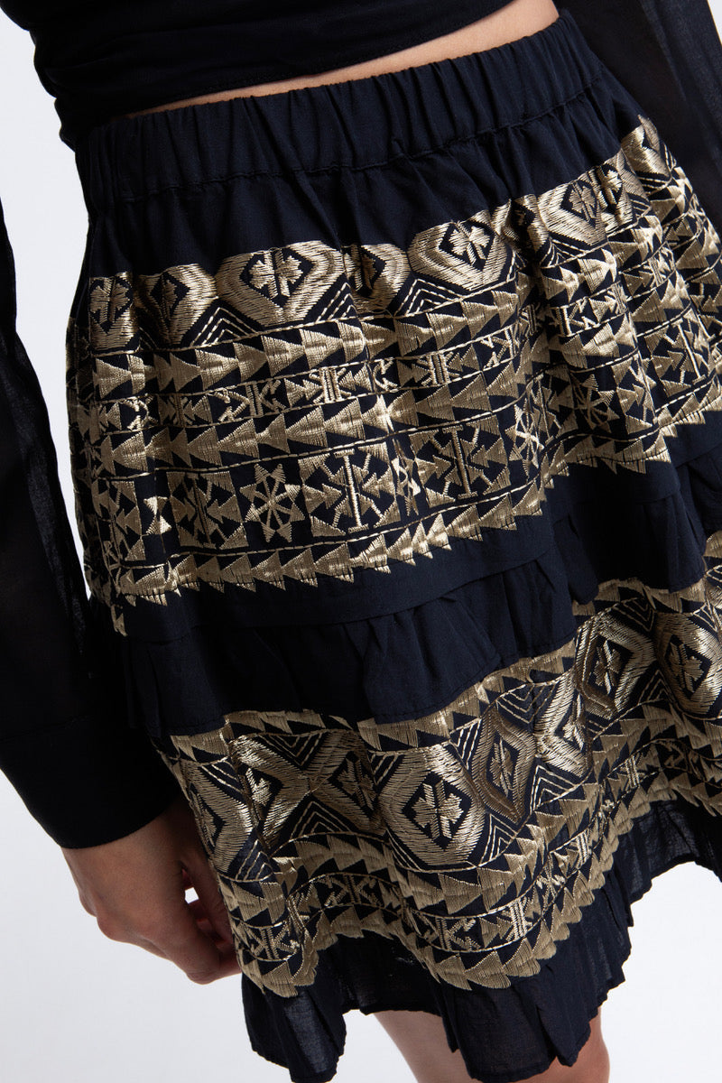 MINI COTTON SKIRT "EMBROIDERED" BLACK/GOLD