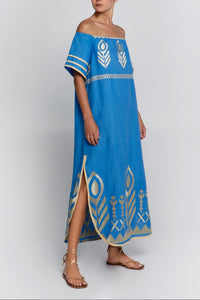 OFF SHOULDER LINEN "FEATHER" DRESS BLUE/GOLD