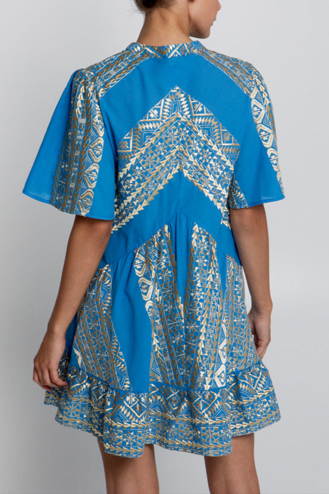 SHORT OVERSIZED DRESS "EMBROIDERED" BLUE RAF/GOLD