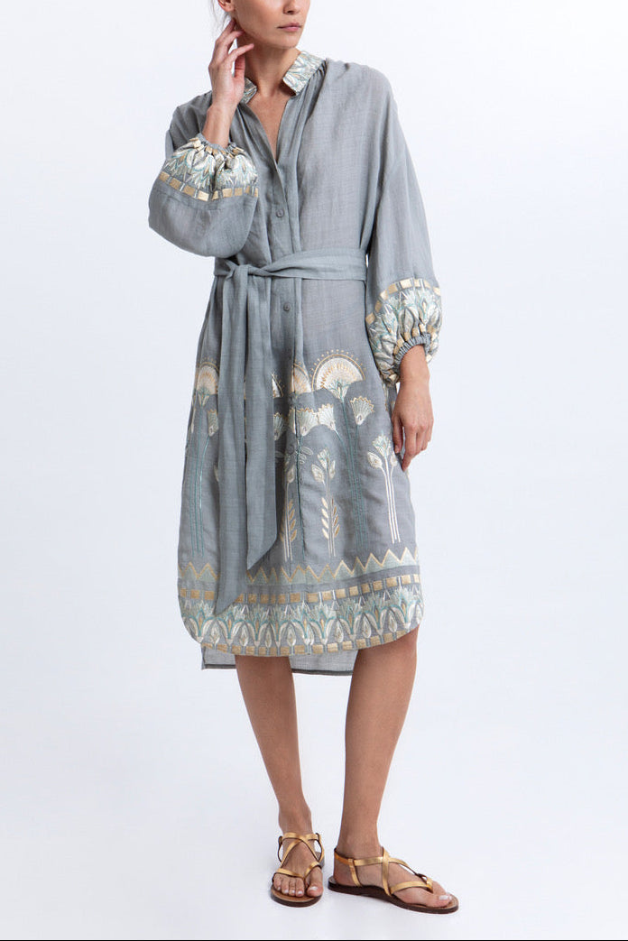 MIDI RAMIE SHIRT DRESS "PAPYRUS" STONE/MULTI MINT