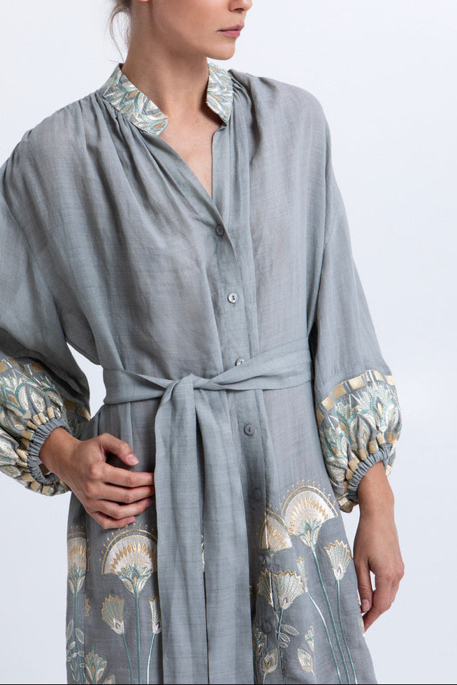 MIDI RAMIE SHIRT DRESS "PAPYRUS" STONE/MULTI MINT
