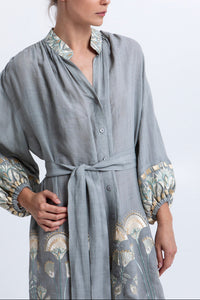 MIDI RAMIE SHIRT DRESS "PAPYRUS" STONE/MULTI MINT