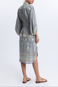 MIDI RAMIE SHIRT DRESS "PAPYRUS" STONE/MULTI MINT