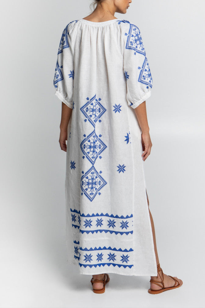 MIDI LINEN DRESS "LEFKADA" WHITE/BLUE