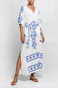 MIDI LINEN DRESS "LEFKADA" WHITE/BLUE