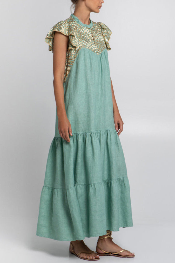 MIDI DRESS WITH RUFFLES "TRIANGLE" SEA GREEN/GOLD