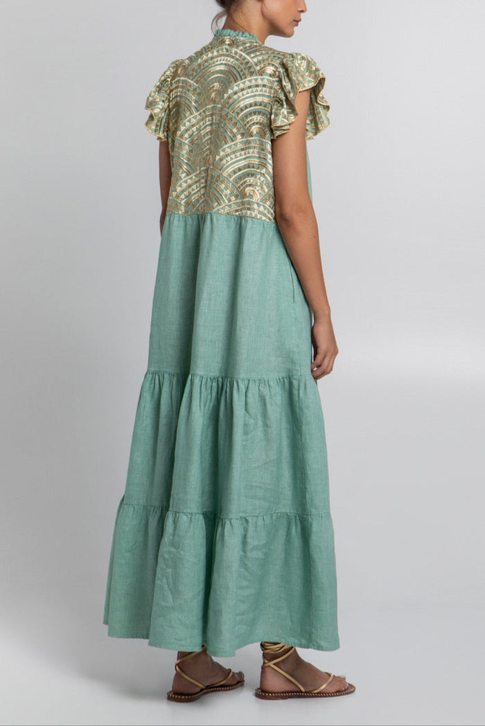 MIDI DRESS WITH RUFFLES "TRIANGLE" SEA GREEN/GOLD