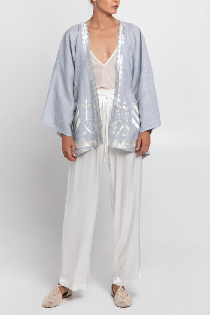 SHORT LINEN KIMONO "FEATHER" LIGHT GREY/CHAMPAGNE