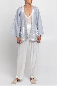 SHORT LINEN KIMONO "FEATHER" LIGHT GREY/CHAMPAGNE