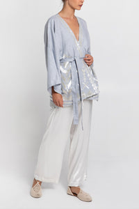 SHORT LINEN KIMONO "FEATHER" LIGHT GREY/CHAMPAGNE