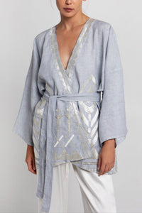 SHORT LINEN KIMONO "FEATHER" LIGHT GREY/CHAMPAGNE