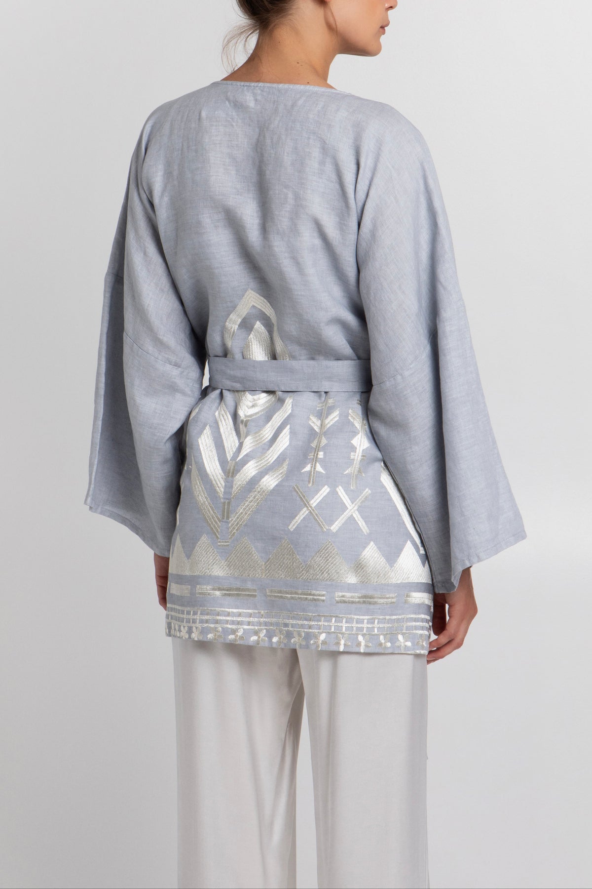 SHORT LINEN KIMONO "FEATHER" LIGHT GREY/CHAMPAGNE