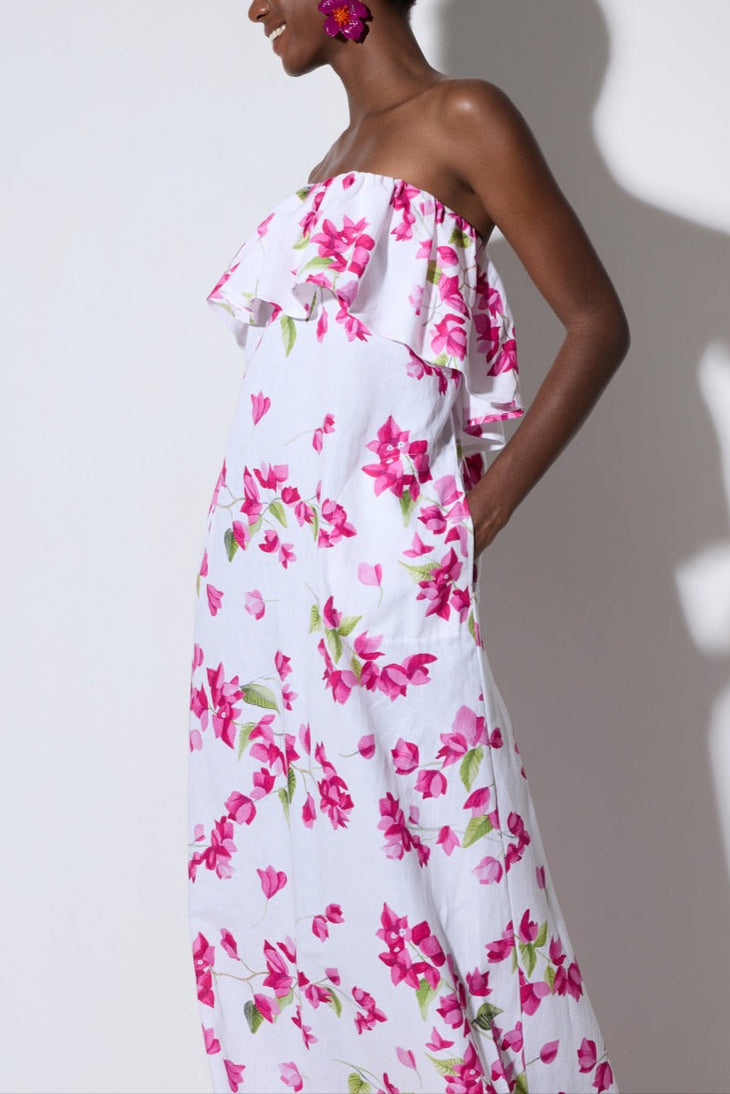 LONG STRAPLESS VOLANT DRESS "BOUGAINVILLEA" WHITE/PINK