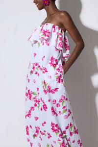 LONG STRAPLESS VOLANT DRESS "BOUGAINVILLEA" WHITE/PINK