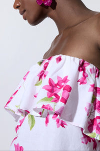 LONG STRAPLESS VOLANT DRESS "BOUGAINVILLEA" WHITE/PINK