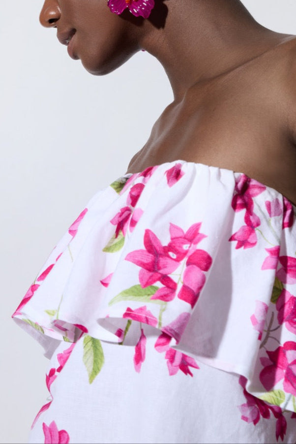 LONG STRAPLESS VOLANT DRESS "BOUGAINVILLEA" WHITE/PINK