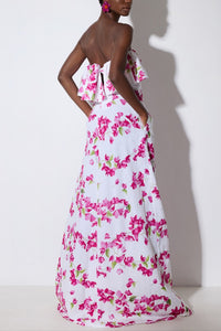 LONG STRAPLESS VOLANT DRESS "BOUGAINVILLEA" WHITE/PINK