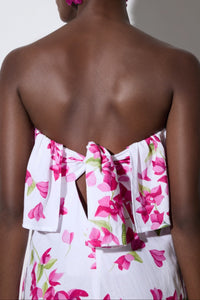 LONG STRAPLESS VOLANT DRESS "BOUGAINVILLEA" WHITE/PINK