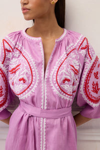 SHORT EMBROIDERED LINEN DRESS "ARETI" PURPLE