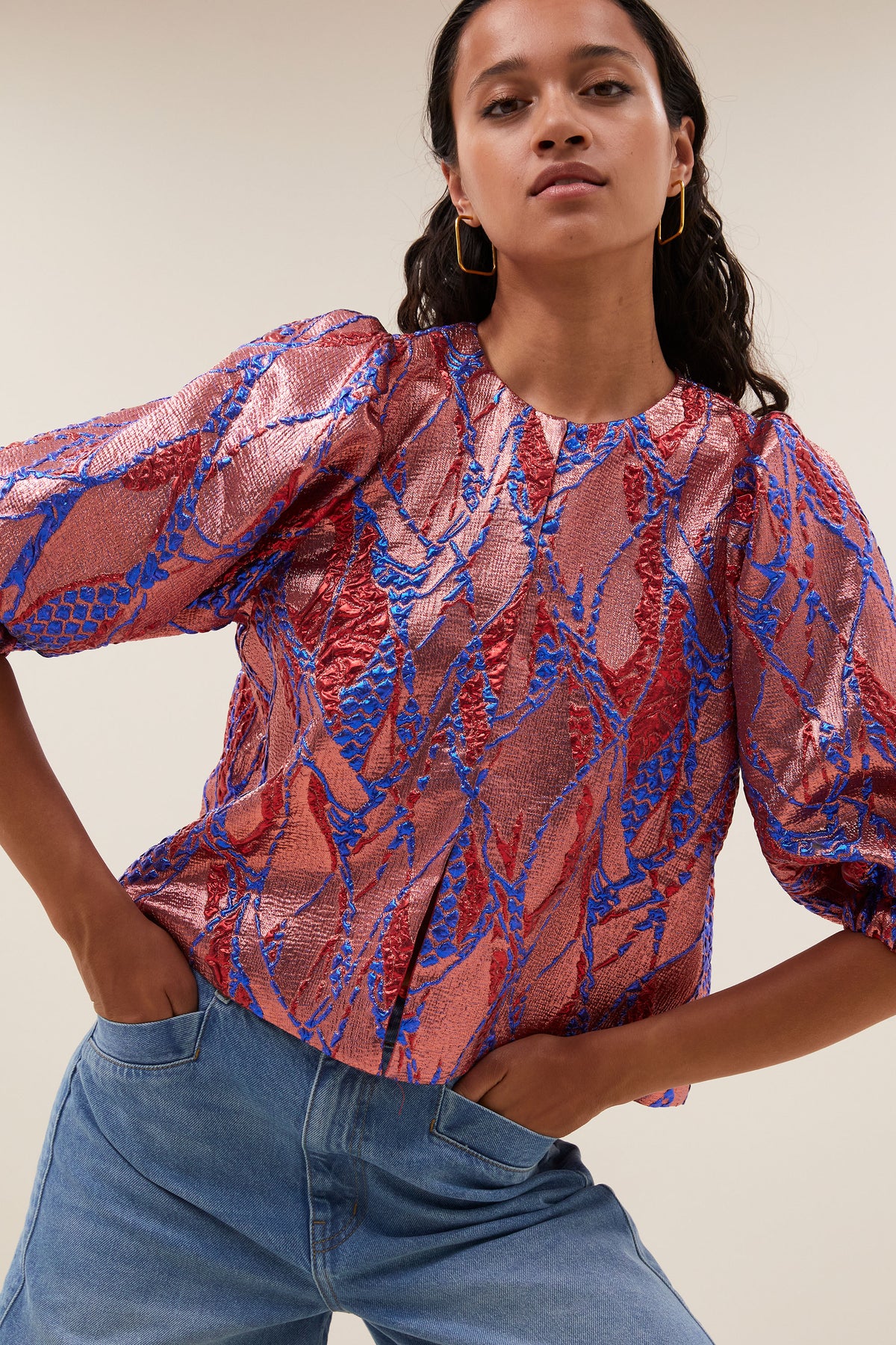 LUMINOUS JACQUARD BLOUSE/JACKET CORAL/COBALT BLUE
