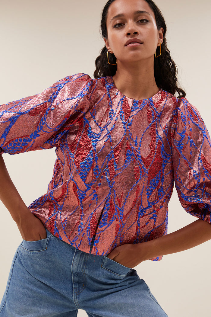 LUMINOUS JACQUARD BLOUSE/JACKET CORAL/COBALT BLUE