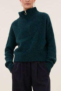 OVERSIZED PULLOVER WITH ZIPPER FOREST GREEN