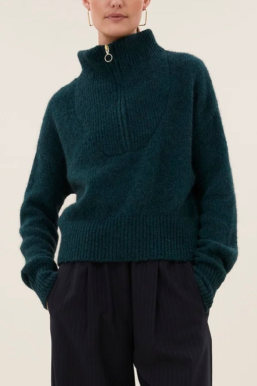 OVERSIZED PULLOVER WITH ZIPPER FOREST GREEN